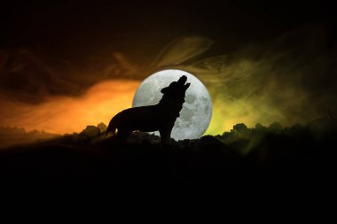 Siluet karanlık karşı uluyan kurt sisli arka plan ve dolunay ya da kurt tam aya inleyen siluet tonda. Halloween korku kavramı. Seçici odak