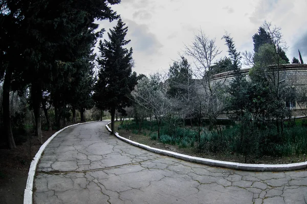 Verlaten dorpshuis bouwen in de Baku botanische tuin. Niemand in het park met bomen. Lente — Stockfoto