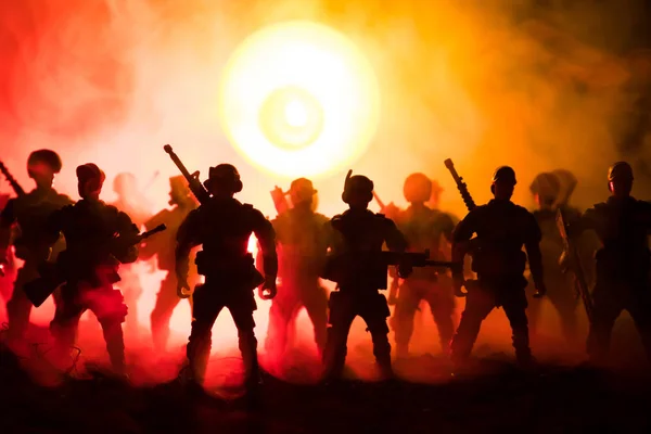 Anti-riot police give signal to be ready. Government power concept. Police in action. Smoke on a dark background with lights. Blue red flashing sirens. Dictatorship power — Stock Photo, Image