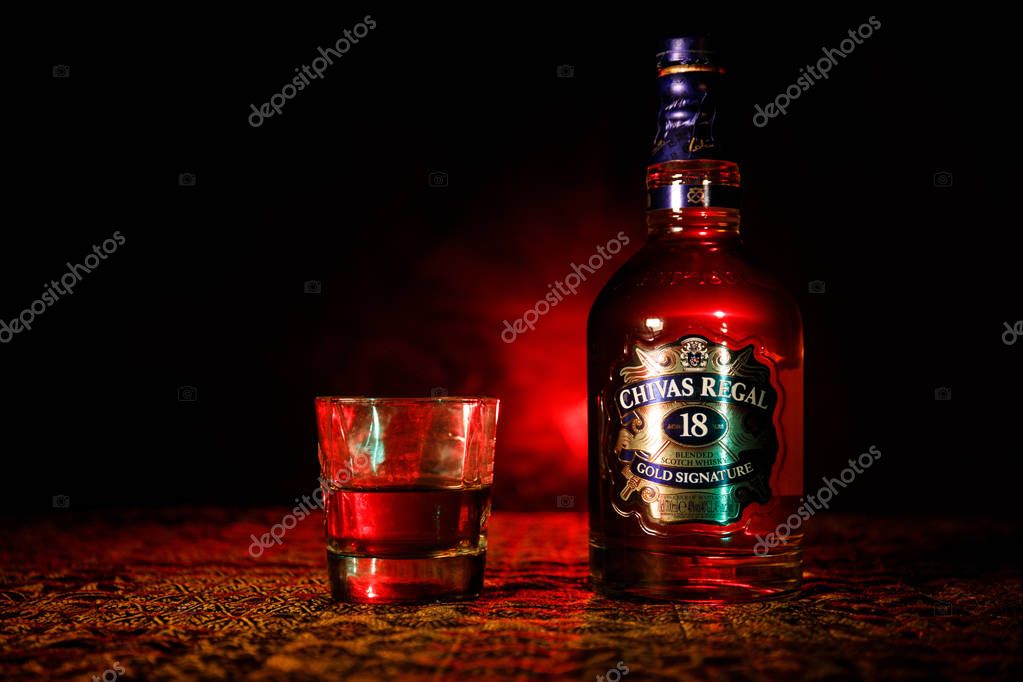 BAKU, AZERBAIJAN - MARCH 25, 2018: Blended from whiskies matured for at least 18 years, Chivas Regal 18 Gold Signature is a blended Scotch whisky produced by Chivas Brothers in Keith, Scotland.