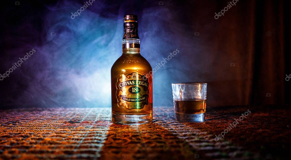 BAKU, AZERBAIJAN - MARCH 25, 2018: Blended from whiskies matured for at least 18 years, Chivas Regal 18 Gold Signature is a blended Scotch whisky produced by Chivas Brothers in Keith, Scotland.
