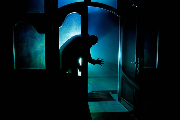 Silhouette Unknown Shadow Figure Door Closed Glass Door Silhouette Human — Stock Photo, Image