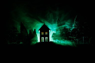 Geceleri ormanda bir hayaletin olduğu eski bir ev ya da sis içinde terk edilmiş bir korku evi. Ölü ağaç ormanındaki eski mistik bina. Geceleri aylı ağaçlar. Gerçeküstü ışıklar. Korku Cadılar Bayramı konsepti