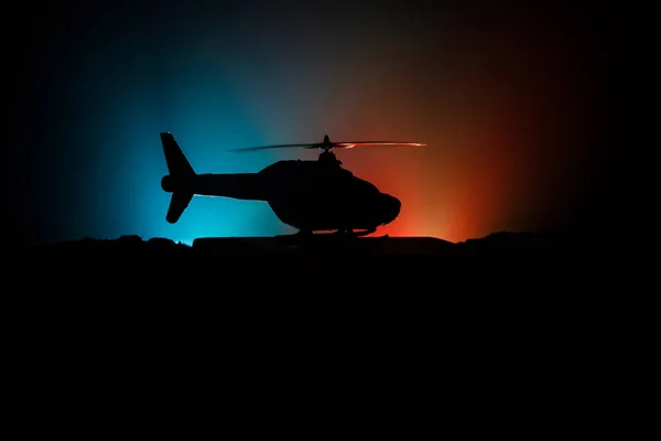 Silhouette Military Helicopter Ready Fly Conflict Zone Decorated Night Footage — Stock Photo, Image