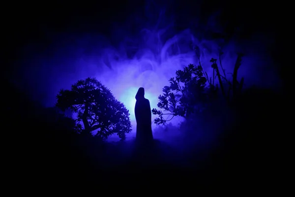 Horror Halloween Decorated Conceptual Image Alone Girl Light Forest Night — Stock Photo, Image