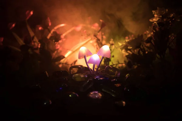 Three fantasy glowing mushrooms in mystery dark forest close-up. Beautiful macro shot of magic mushroom or three souls lost in avatar forest. Fairy lights on background with fog. — Stock Photo, Image