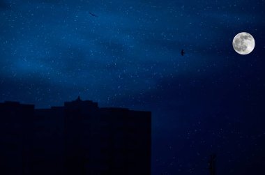 Geceleri bulutlu ve yıldızlı klasik kır evi. Soğuk sonbahar gecesi