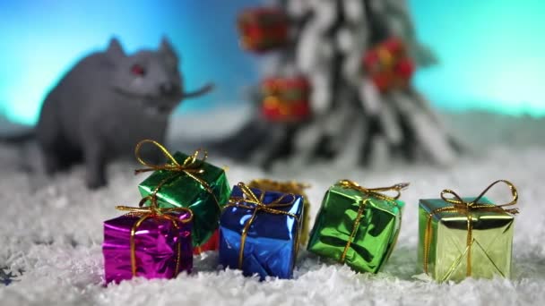 Ratto Marrone Carino Decorativo Intorno Con Arredamento Natale Babbo Natale — Video Stock