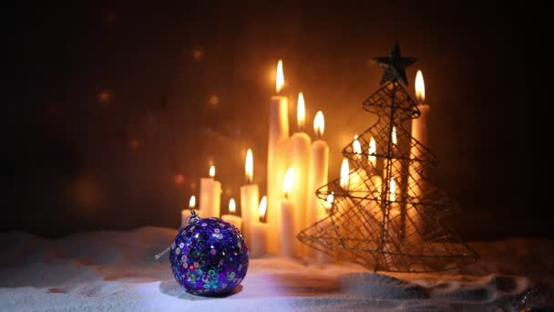 Close Footage Christmas Composition Burning Candles — Stock Video