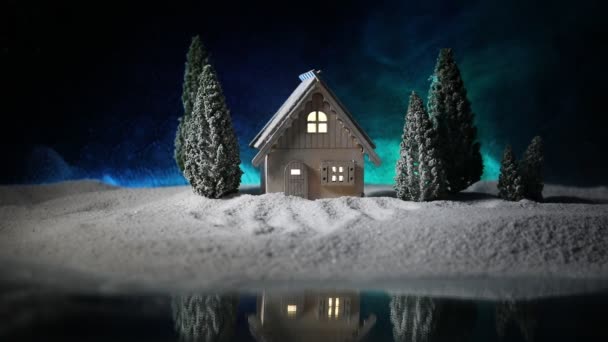 Nahaufnahmen Von Weihnachtskompositionen Mit Spielzeughaus Und Tannenbäumen Unter Bunten Lichtern — Stockvideo