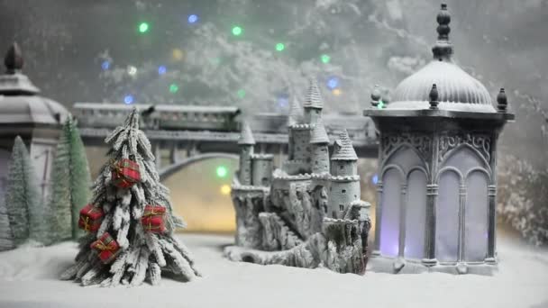Miniatura Cena Nevada Inverno Com Trem Ponte Castelo Medieval Lanterna — Vídeo de Stock