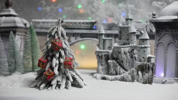 Miniatura Invierno Nevado Con Tren Sobre Puente Castillo Medieval Linterna — Vídeo de stock