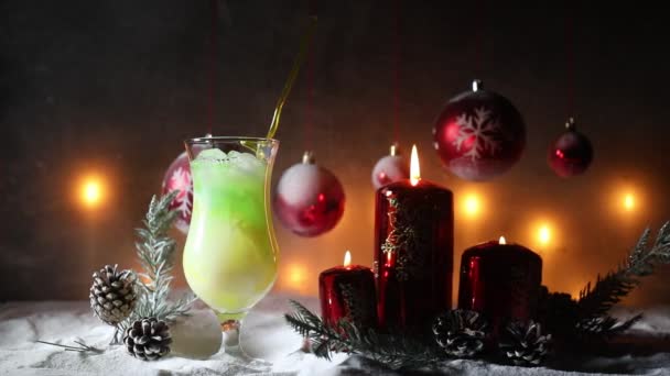 Christmas Decorations Candles Cocktail Night Snow Traditional Winter Holiday Symbols — Stock Video