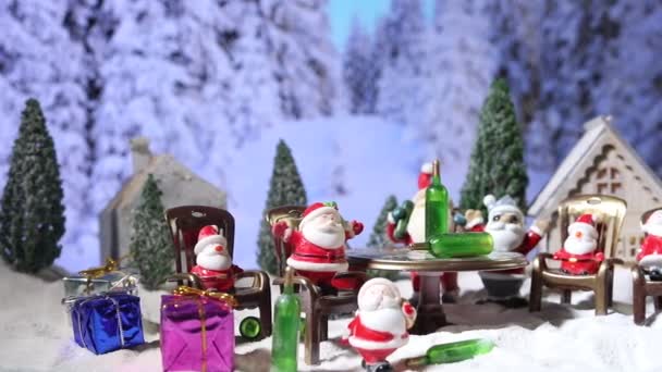 Funny Christmas Concept Creative Artwork Decoration Alcoholic Santa Drinking Wine — Stockvideo