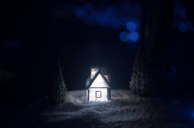 Yeni yıl minyatür evi geceleri karlı ve köknar ağacıyla dolu. Tatil konsepti. Seçici odak