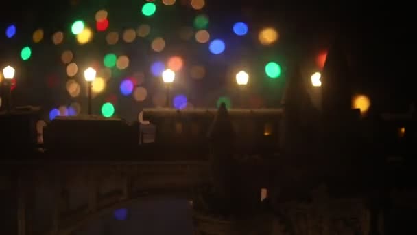 Imagens Close Composição Natal Com Castelo Brinquedo Trem Frente Luzes — Vídeo de Stock