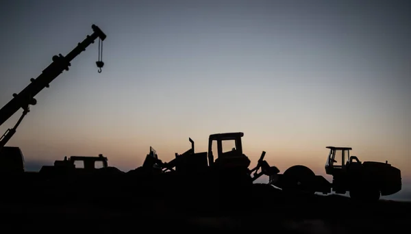 Decoração Arte Criativa Silhueta Equipamento Construção Pôr Sol Camião Carregador — Fotografia de Stock