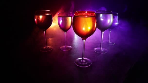 Goblet Wine Wooden Table Beautiful Toned Lights Background Glasses Wine — Stock Video