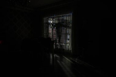 Odanın penceresinde duran bir adamın silüeti. Karanlık ruh hali kavramsal görüntü