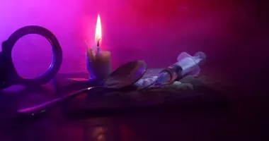 Narcotic drug problem concept. Silhouette of a man standing in the middle of the road on a misty night with giant Drug syringe and narcotic attributes. Creative artwork decoration