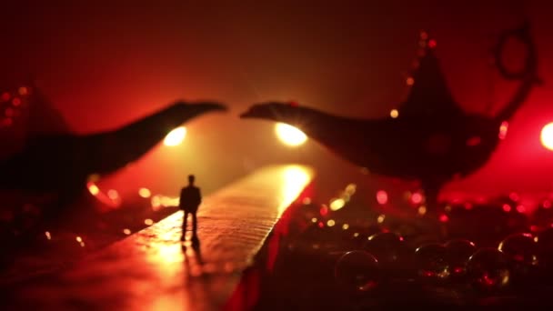 Lamp Wishes Concept Silhouette Man Standing Middle Road Misty Night — Stok video