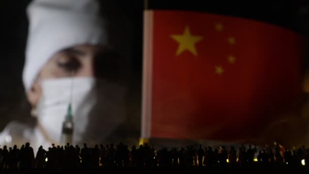 Dokter Bertopeng Wanita Memegang Bendera Cina Takut Sakit Virus Corona — Stok Video