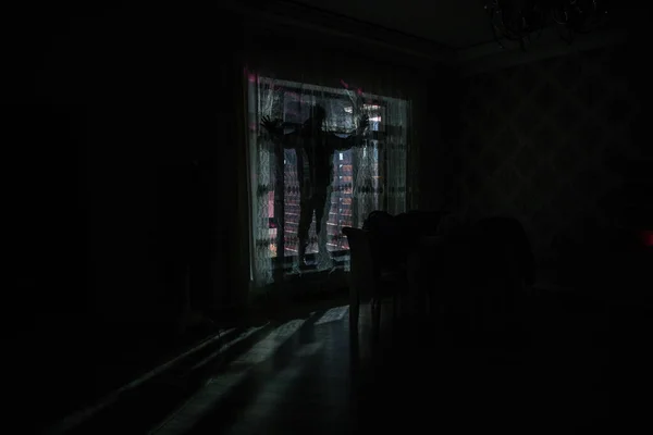 Silhouette Man Standing Window Room Dark Mood Conceptual Image — Stock Photo, Image