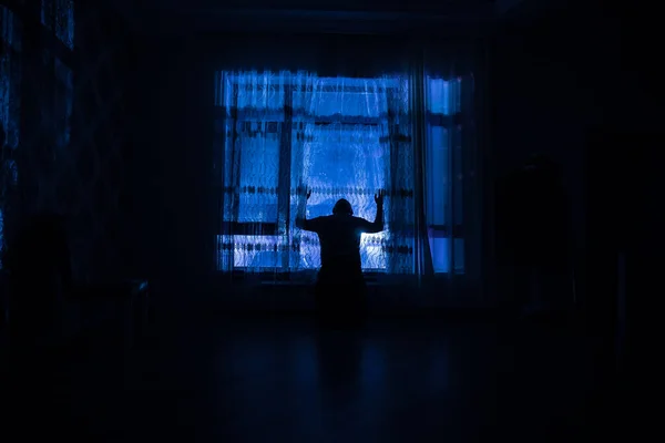 Silhouette Man Standing Window Room Dark Mood Conceptual Image — Stock Photo, Image