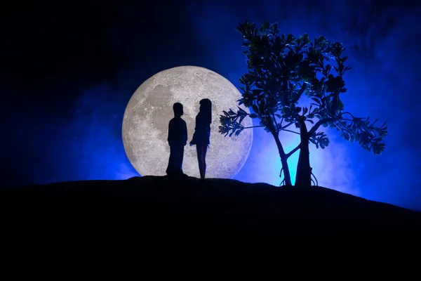 Silhouettes Couple Starry Lunar Background Happy Couple Night Moonlight Creative — Stock Photo, Image
