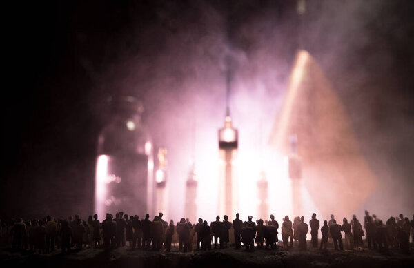 Coronavirus / Corona virus concept. china put mask to fight against Corona virus. Concept of fight against virus. Crowd standing against syringes and chinese flag. Creative artwork decoration