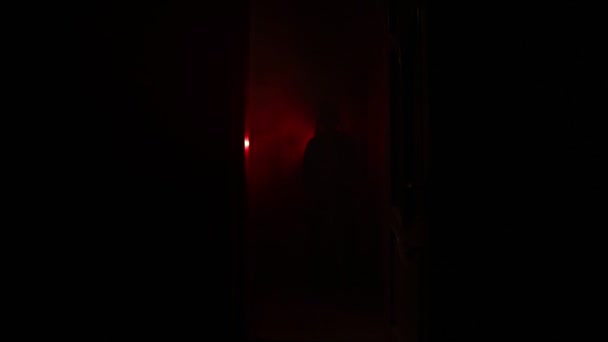 暗室での殺人犯の映像に色のついた霧ホラー映画のコンセプト — ストック動画