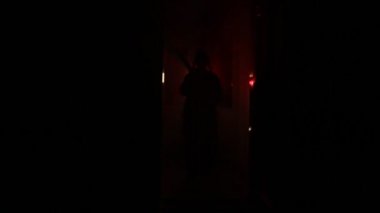 Koyu renkli sis ve korku filmi kibri ile karanlık odada katilin görüntüleri.