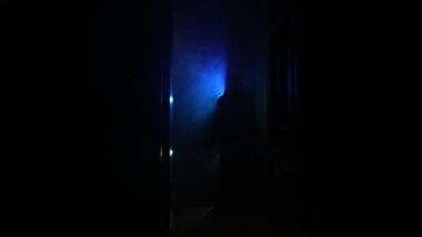 Koyu renkli sis ve korku filmi kibri ile karanlık odada katilin görüntüleri.