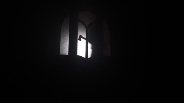 Кадры Убийства Топором Открывающей Дверь Темной Комнате Концепция Фильма Ужасов — стоковое видео