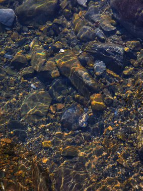 Yaz güneşi su altındaki nehir taşlarında güzel desenler yaratır. Doğa çekimi.