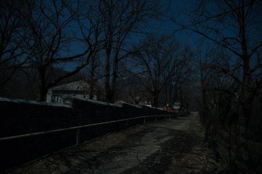 Gece sessiz köyde dolunay var. Ay ışığı altındaki dağ köyünün güzel gece manzarası. Azerbaycan doğası. Uzun pozlu çekim