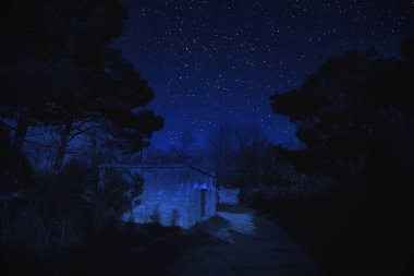 Geceleri ormanda Ay ve yıldızlarla dolu güzel bir manzara. Geceleri hayaletle terk edilmiş korkunç bir ev. Soğuk sonbahar gecesi