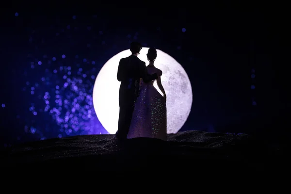 Silhouettes Couple Fond Étoilé Lunaire Joyeux Couple Nuit Sous Clair — Photo