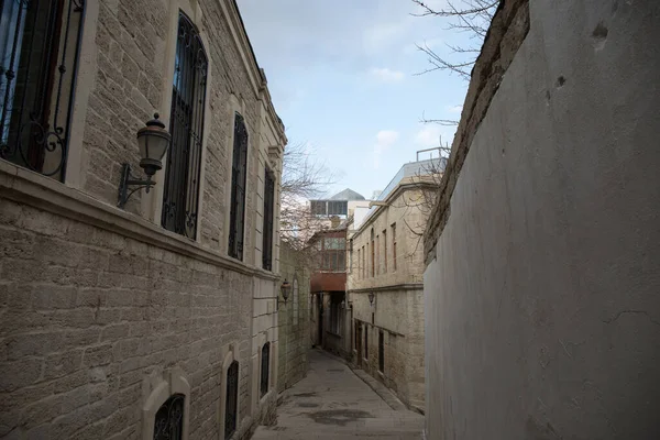 Empty street in old city of Baku, Azerbaijan. Old city Baku. Inner City buildings. Early spring time