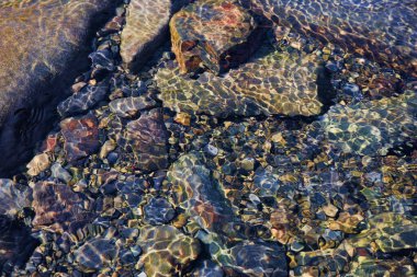 Yaz güneşi su altındaki nehir taşlarında güzel desenler yaratır. Doğa çekimi.