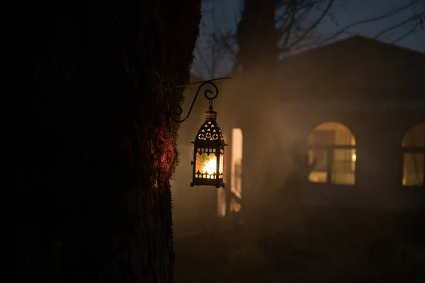 Belle Lampe Lumineuse Colorée Dans Jardin Dans Nuit Brumeuse Lanterne — Photo