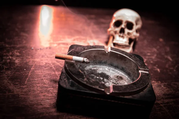 喫煙の概念はない タバコと創造的なアートワークテーブルの装飾 タバコは癌を引き起こし まだ生きてる頭蓋骨とシガレット 選択的焦点 — ストック写真