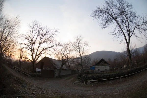 Abandoned Burned Old House Winter Sunset Forest Abandoned Hunting Lodge — Stock Photo, Image