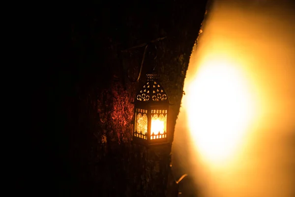 Mooie Kleurrijke Verlicht Lamp Tuin Mistige Nacht Retro Stijl Lantaarn — Stockfoto