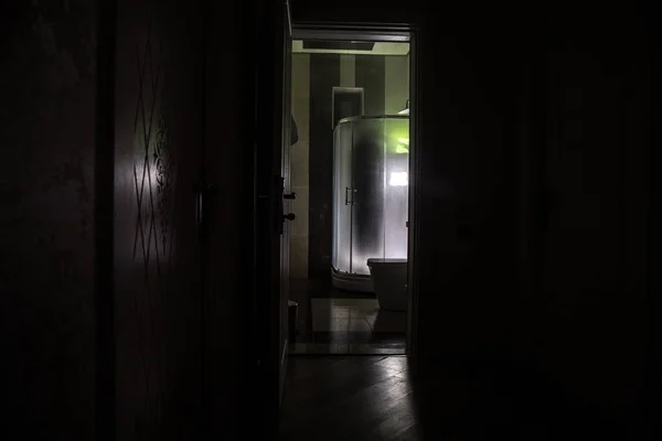 Halloween Concept Horror Silhouette Person Shower Cabin Killer Maniac Bathroom — Stock Photo, Image