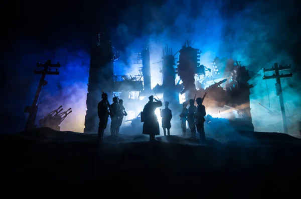 Kriegskonzept Militärische Silhouetten Kampfszene Auf Kriegsnebel Himmel Hintergrund Weltkriegssoldaten Silhouette — Stockfoto