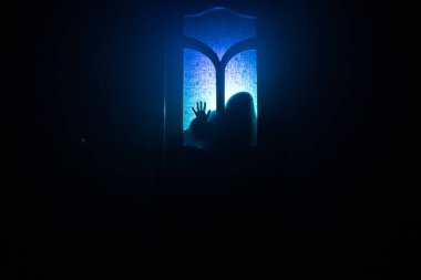 Kapalı cam bir kapıdan geçen, bilinmeyen bir gölge figürünün silueti. Geceleri arka planda duman olan ürkütücü siluet kız.