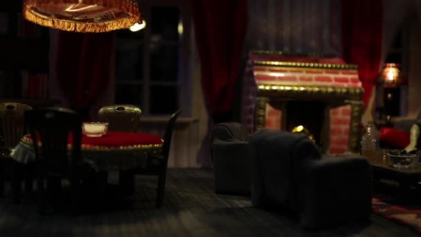 Realistico Salotto Delle Bambole Con Mobili Finestre Notte Decorazione Del — Video Stock