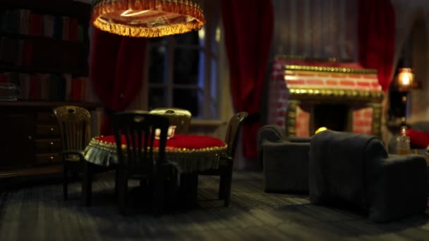 Реальная Гостиная Мебелью Окном Ночь Художественное Оформление Стола Реалистичным Кукольным — стоковое видео
