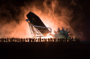 Coronavirus 2019-nCov novel coronavirus concept. Crowd looking on a big shopping trolley with coffin and virus model at night. Fog and backlight. Creative artwork decoration. Selective focus. clipart